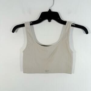Set Active Gray Taupe Ribbed Scoop Neck Sports Bra Crop Tank Top Medium